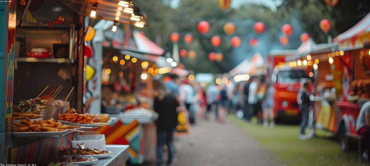 Food stalls at dusk, warm lights strung above trays of street food.